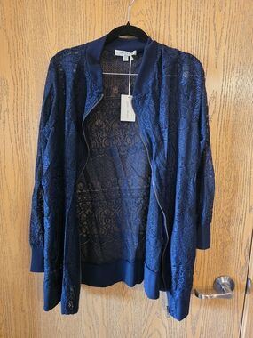 living doll Navy Lace Zip-Front Cardigan